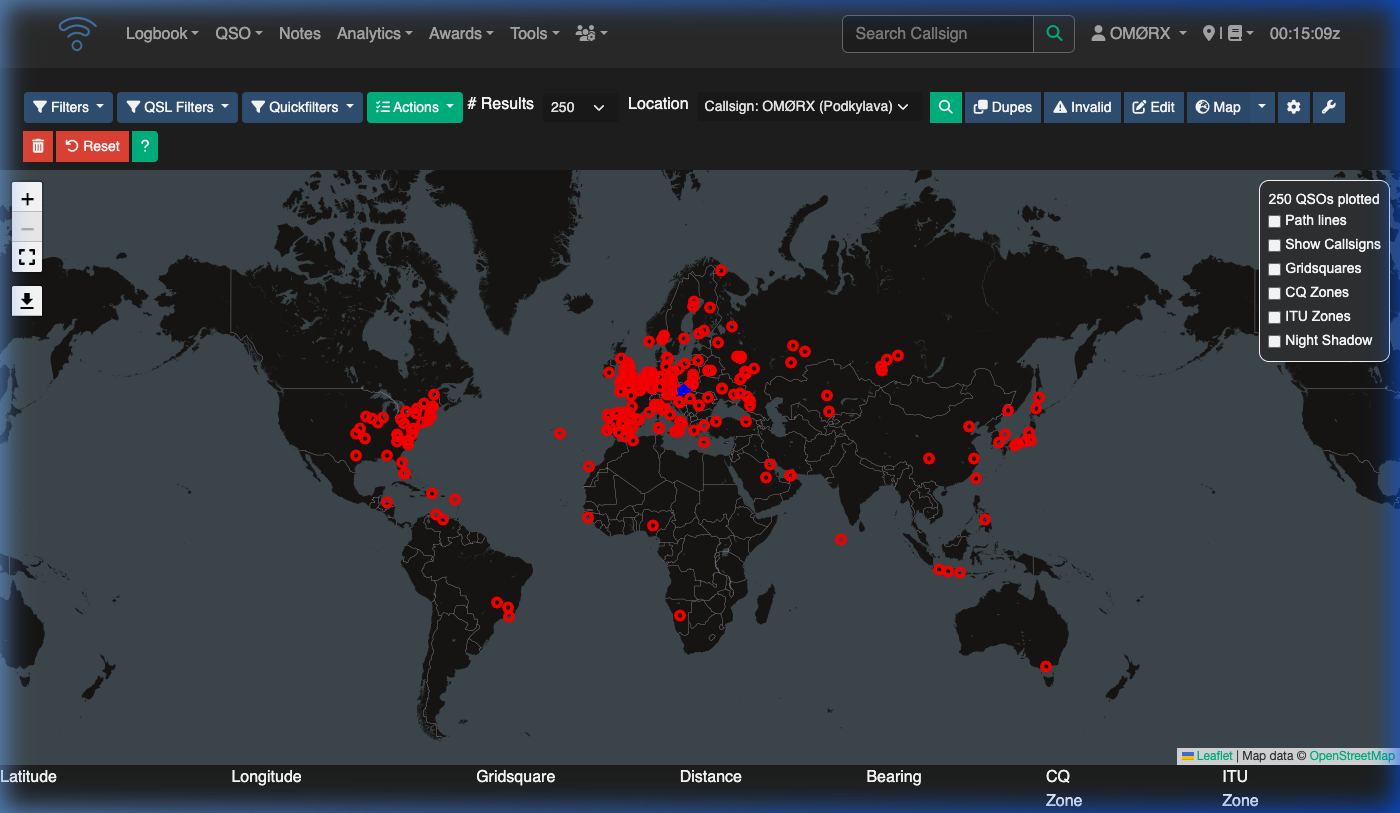 Wavelog global QSO map showing 250 contacts plotted across all continents.