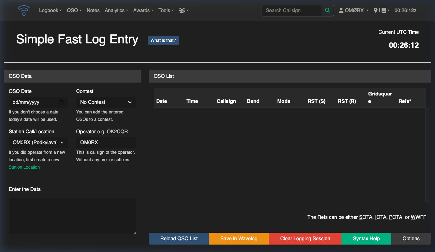 Wavelog Simple Fast Log Entry form from a real instance.